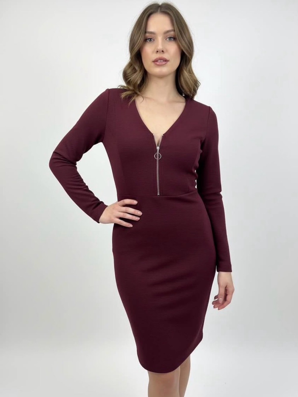Dynamite Long Sleeve V-Neck Zip Midi Dress in Burgundy